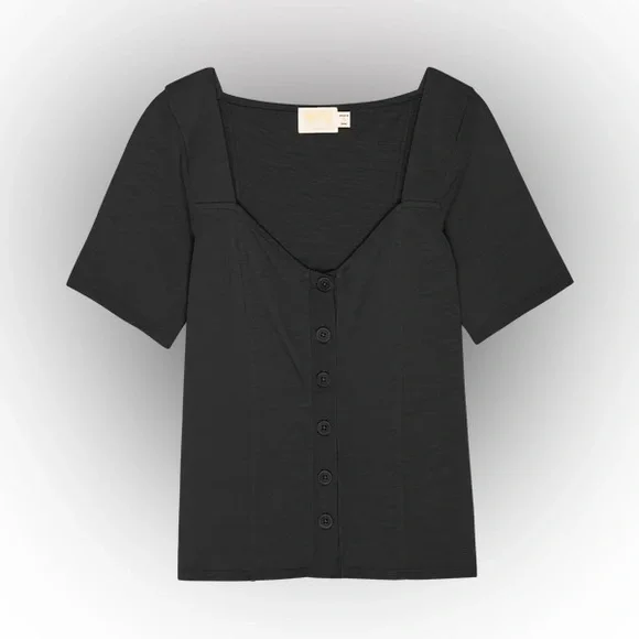 Nation LTD Marcella Button Front Sweetheart Neckline Short Sleeve Top in Black - Picture 9 of 13